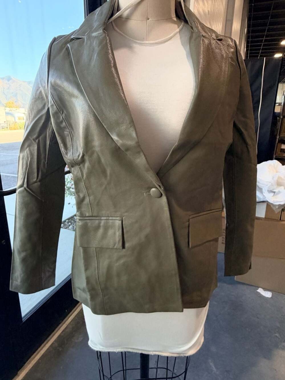 Green Faux Leather Blazer Jacket Size S